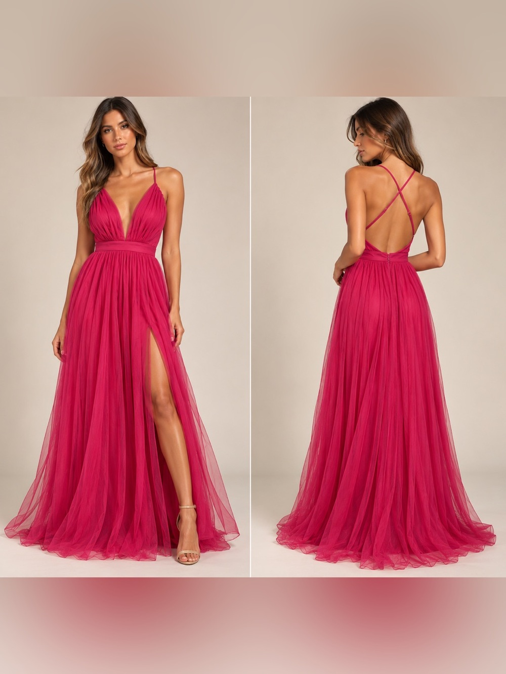 Lulus Rare Beauty Magenta Tulle Plunging Backless Slit Formal Maxi Dress Gown M